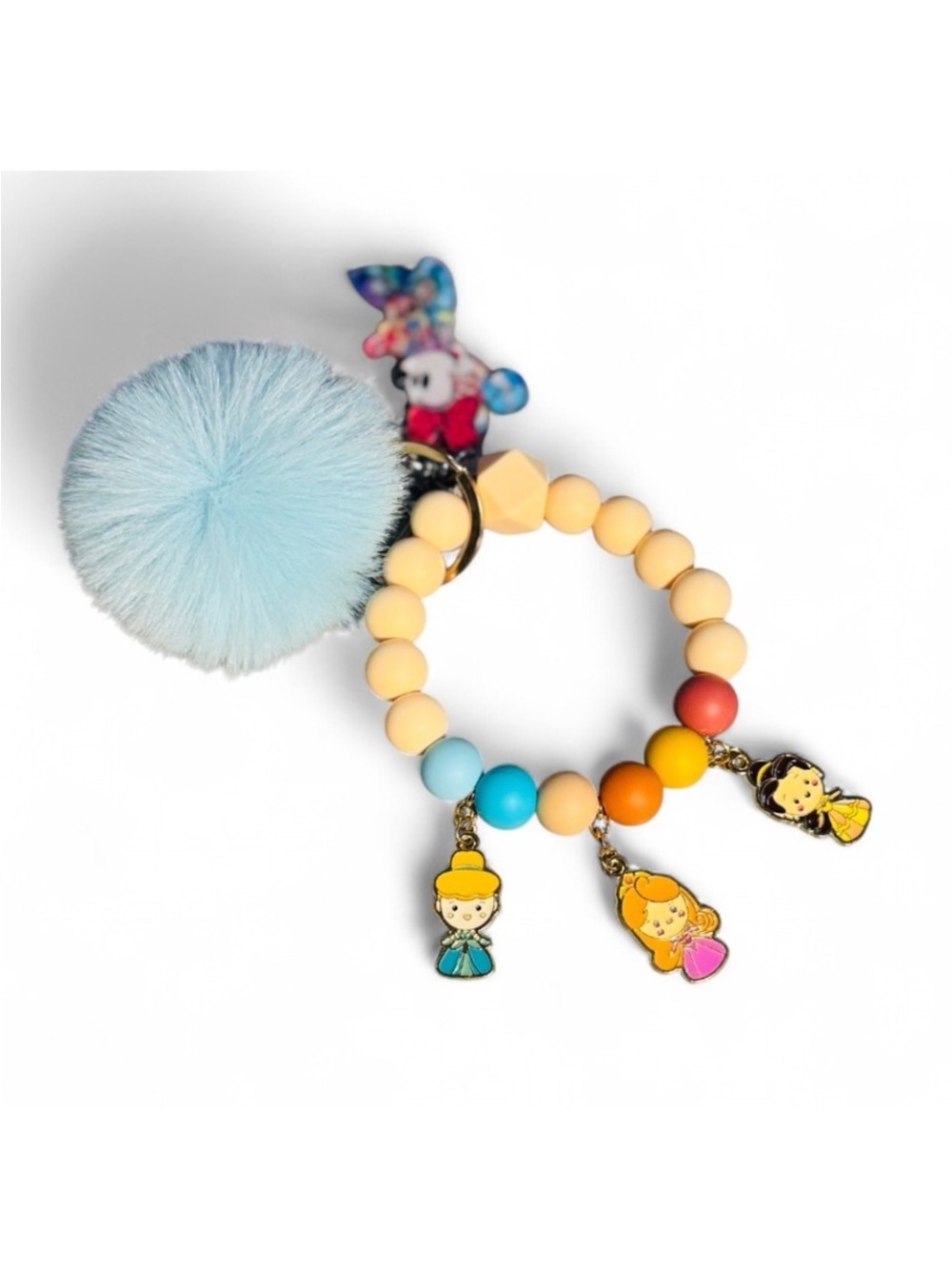 Cute Kids Beaded Keyring with Blue Pom Pom and Princess Charms